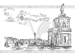 Venice skyline hand drawing Della Dogane Punta - vector clip art