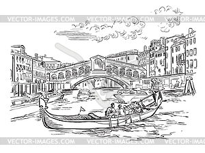 Venice skyline hand drawing Rialto Bridge - vector image