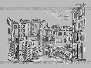 Venice drawing bridge on canal gray - vector image