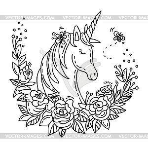 Doodle unicorn in flowers - vector image
