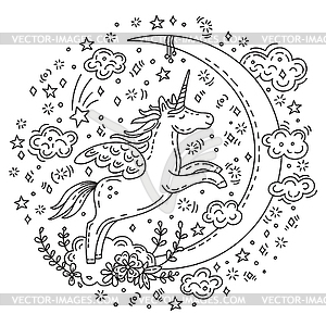 Doodle unicorn moon - vector image
