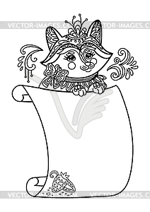 Cute kawaii fox with blank sign template monochrome - vector clip art