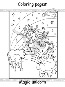 Cute unicorn flying in night sky - vector clip art