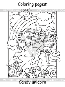 Cute unicorn on shugar land coloring - vector clipart