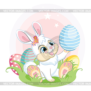 White easter bunny looking at Easter egg - vector EPS clipart
