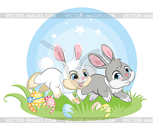 Two easter bunnies running on spring grass - vector image