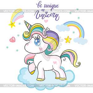 Cute baby unicorn character standing on cloud - vector clip art