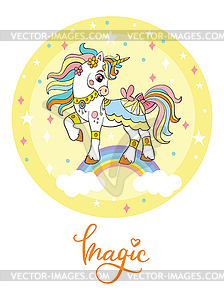 Cute cartoon unicorn yellow circle - vector image