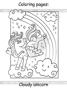Cute unicorn with wings flying in sky coloring - vector image