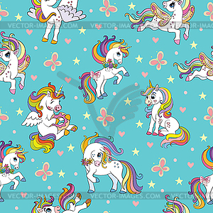 Seamless pattern cute unicorns with rainbow mane - vector clip art