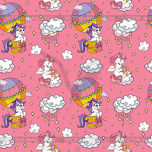 Seamless pattern cute unicorns in sky pink - vector clip art
