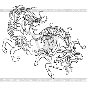 Two beauty unicorn coloring book page - vector clip art