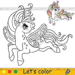 Coloring cute little unicorn with wings - vector image