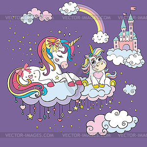Colorful cute mommy and baby unicorns in sky - vector image