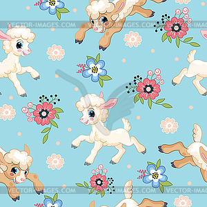 Seamless pattern cute little lambs and flowers - vector clipart