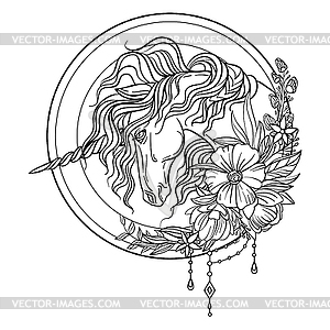 Head of unicorn with flowers coloring - vector clip art