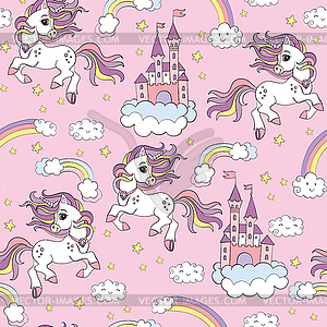 Seamless pattern cute unicorns in cloudy sky - vector image