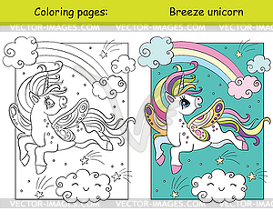 Cute unicorn with wings flying in sky coloring and - vector clip art