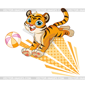 Cute tiger with orange ball cartoon character - color vector clipart