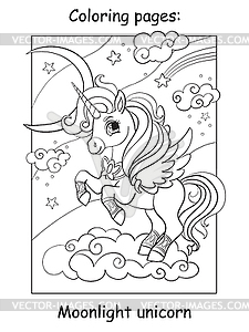 Coloring book page cute unicorn with wings - vector image