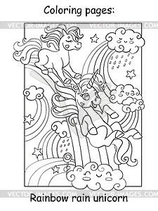 Coloring book page funny unicorns ride rainbow - vector image