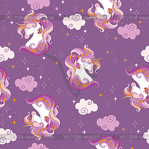 Seamless pattern with heads of unicorns and clouds - vector clipart