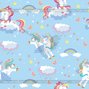 Seamless pattern with kawaii unicorns blue - vector image