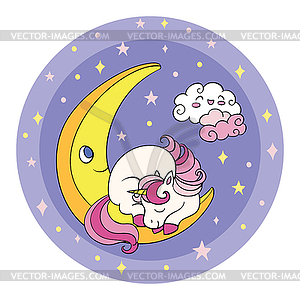 Cute cartoon baby unicorn sleeping on moon - vector image