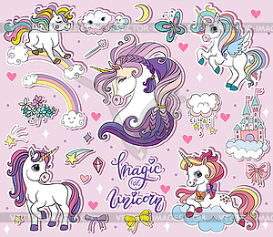 Set of cute cartoon unicorns pink - vector clipart