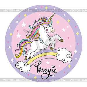 Cute unicorn running on rainbow circle pink - vector clip art