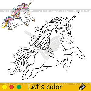 Cartoon running unicorn coloring for kids - vector clip art