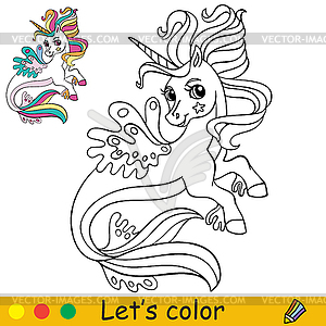 Cartoon sea unicorn coloring for kids - vector image
