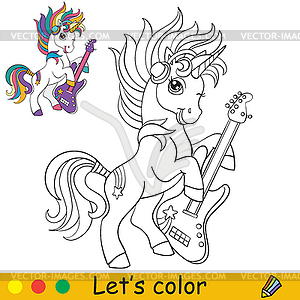 Cute and cool cartoon unicorn with guitar - vector image