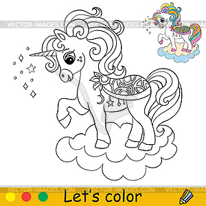 Cute beautiful cartoon unicorn on cloud coloring - vector clip art