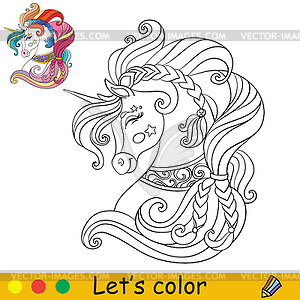 Ornate head of unicorn in profile coloring - royalty-free vector clipart