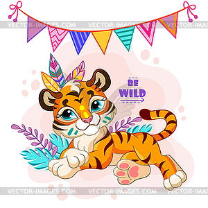 Cartoon cute tribal tiger girl - vector clipart