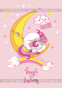 Vertical baby unicorn on moon - vector image