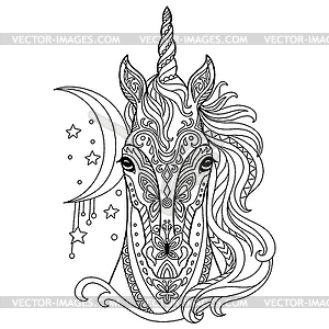 Tangle unicorn coloring book page for adult - white & black vector clipart