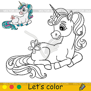 Cute lying cartoon unicorn coloring - vector image