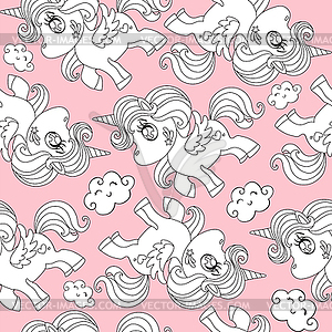 Seamless pattern with white unicorns on pink - vector clipart