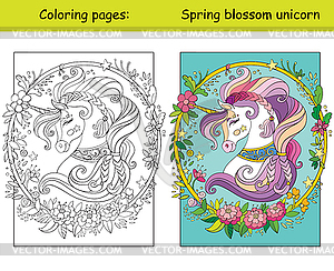 Coloring unicorn head wreath of flowers - vector clip art