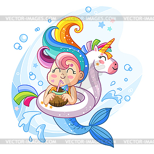 Cute kawaii mermaid in inflatable circle - vector clipart