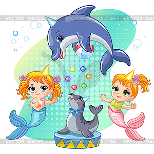 Mermaids, seal and dolphin show circus performance - vector clip art
