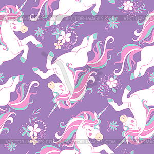Seamless pattern with dreaming unicorns on purple - color vector clipart