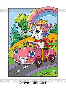 Unicorn with scarf drive car - vector clip art