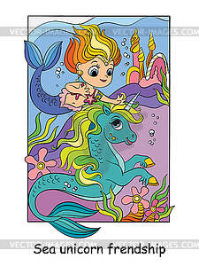 Cute mermaid and unicorn swim under water - vector clipart