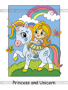 Cute little princess riding on unicorn - vector image