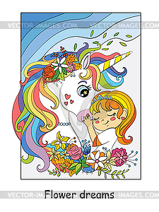 Cute princess hugs with unicorn with flowers - vector clipart