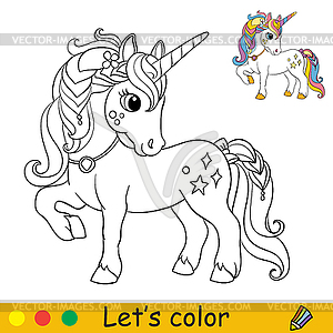 Cartoon cute unicorn with pendant around her neck - vector clipart / vector image