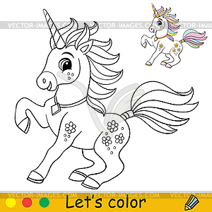Cartoon cute and funny frolicking unicorn coloring - vector image